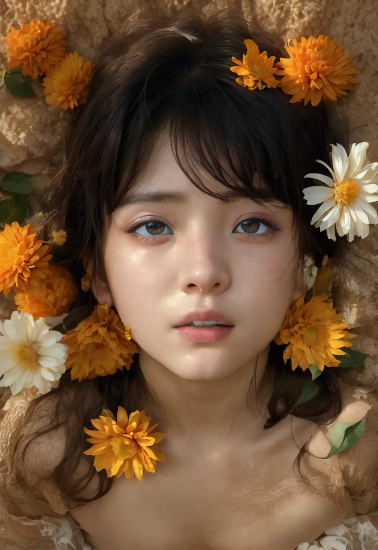 Cute girl surrounded by flowers、 Gravure Model、very 、Flat chest of a boy、Flower Field、Masterpiece: Same appearance and height as...