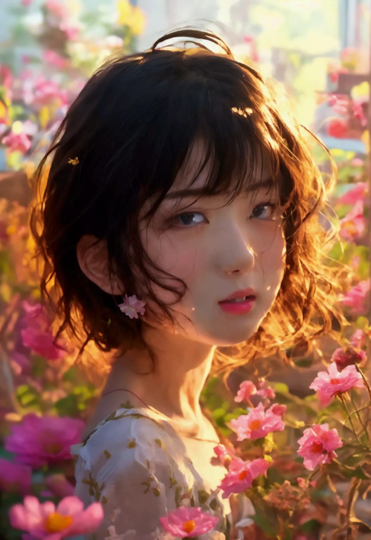 Cute girl surrounded by flowers、 Gravure Model、very 、Flat chest of a boy、Flower Field、Masterpiece: Same appearance and height as...