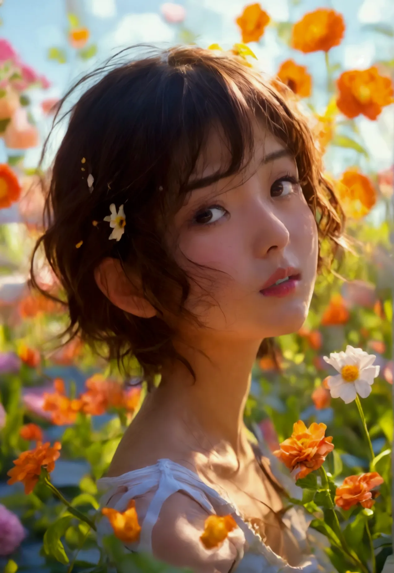Cute girl surrounded by flowers、 Gravure Model、very 、Flat chest of a boy、Flower Field、Masterpiece: Same appearance and height as...