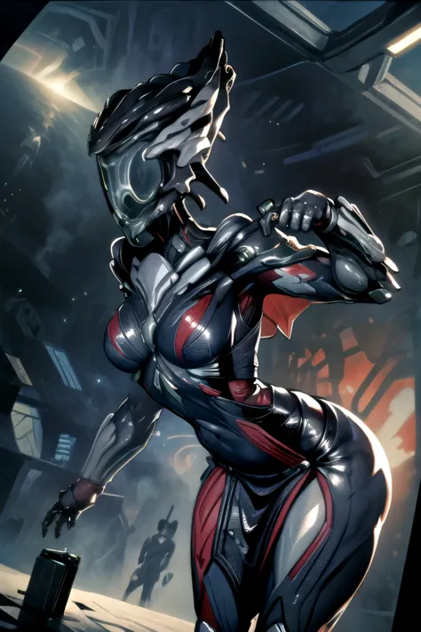 masterpiece,best quality,1girl,warframe,Dagath,faceless,large breasts,wide hips,thick thighs,bodysuit,armor,pelvic curtain,standing,(bent over),cowboy shot,spacecraft interior,science fiction,dutch angle,