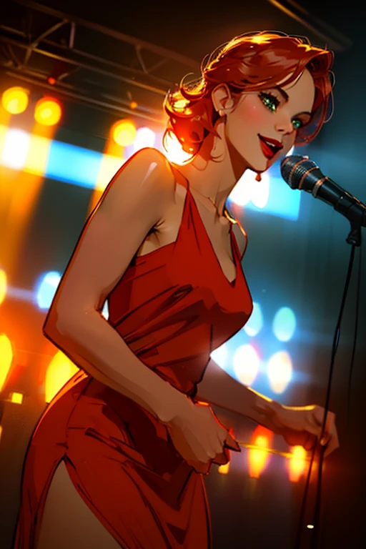 ((Cantando en un club de jazz)).(ojos sensuales, sonrisa coqueta:1.2).(ilustración ultra realista:1.3).Francesa sexy de 23 años, cabello teñido de rojo, ojos verdes. adaptar, pechos turgentes naturales, Culo redondo perfecto, (suntan). (Golpes, pelo largo:0.8), pintalabios rojo, máscara, esmalte de uñas, vestido rojo, zapatillas. obra maestra, mejor calidad,(muy detallado:1.2),(Cara y ojos detallados.:1.2), fondo de pantalla 8k, profundidad de campo, iluminación natural. Sombras centrales, alto contraste, bokeh.(Regla de los tercios), cinematográfico, atmosférico, contrast, Intrincado,