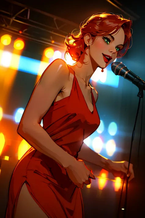 ((Singing in jazz club)).(sultry eyes, flirty smile:1.2).(ultra realistic illustration:1.3).Sexy 23yo French woman, dyed red hai...