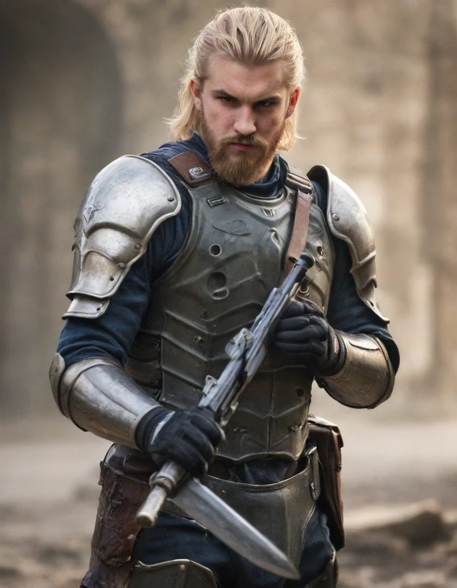 EdwardAssa, weapon, gun, male focus, 1boy, blonde hair, realistic, facial hair, sword, armor, gloves, handgun, blurry background, beard
masterpiece, best quality,
