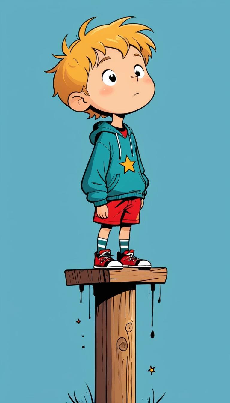 Ewa Poklewska-Koziełło，Cartoon graffiti ，Little boy standing on wooden stake，Stars and crescents，Fear of heights，whole body, Solid color background