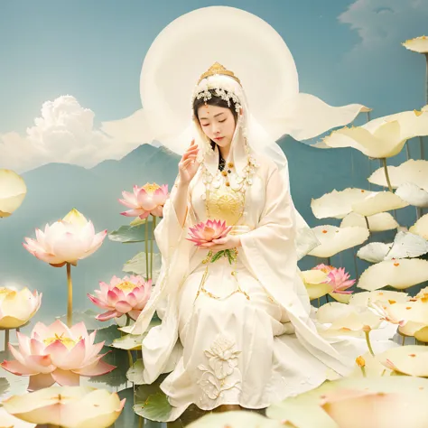 an ancient chinese woman in a white dress sitting on a lotus flower, guanyin, guanyin of the southern seas, close eyes, cloud, m...