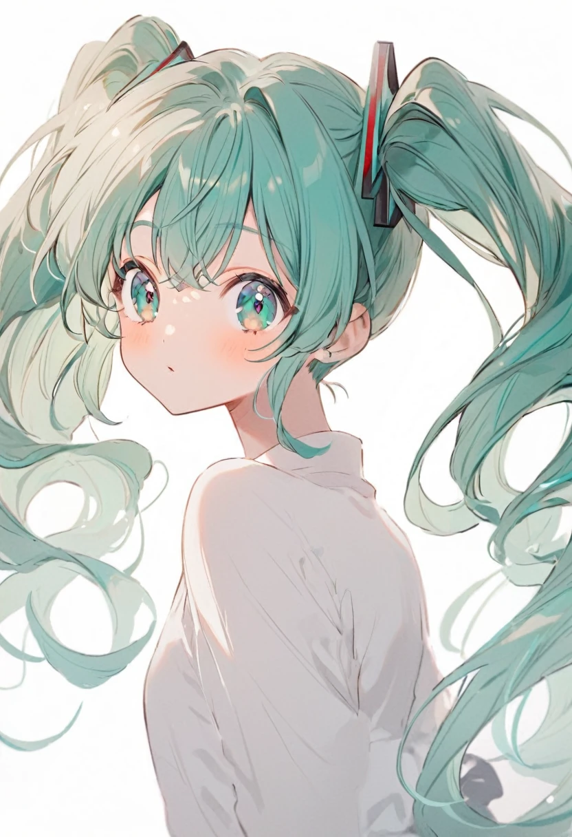  Hatsune Miku, cute, Blue-green hair, Twin tails, Blue-green eyes, White Background