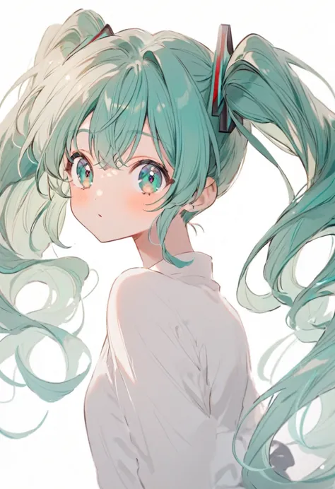 hatsune miku, cute, blue-green hair, twin tails, blue-green eyes, white background