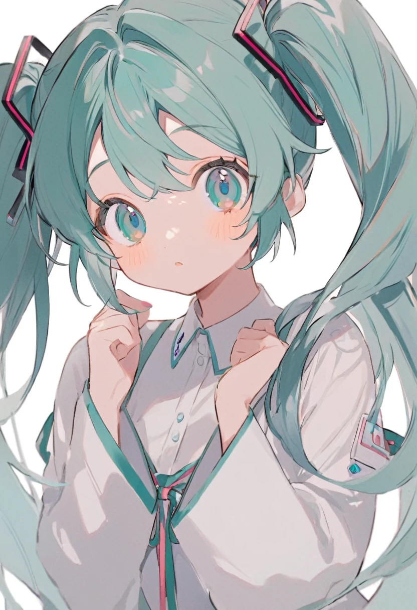  Hatsune Miku, Mignon, Cheveux bleu-vert, Queues jumelles, Yeux bleu-vert, fond blanc