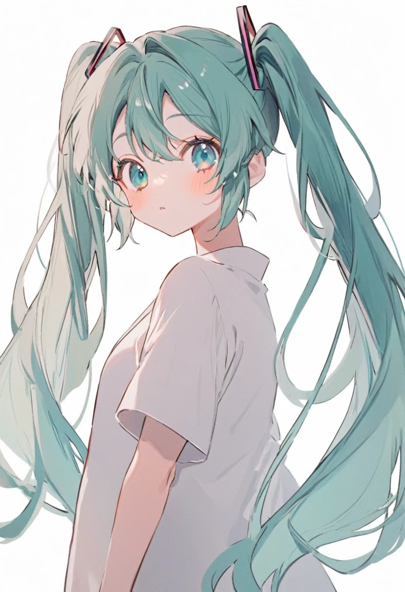  Hatsune Miku, Mignon, Cheveux bleu-vert, Queues jumelles, Yeux bleu-vert, fond blanc