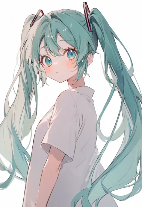 hatsune miku, cute, blue-green hair, twin tails, blue-green eyes, white background