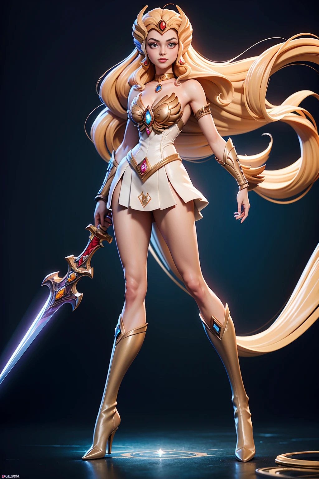 ((Full body photo,standing, feet on the ground))  Masterpiece, Ultra Detailed, Hard Drive, 8K, Photorealistic, 3dmm, !(a costumed woman holding a sword, She - RA, She-Ra, Powerful Girl, The Princess of Power, by Alan Davis, Intergalactic Princess, boots, Perfect Body , beautiful leaked image, giovanna day)
