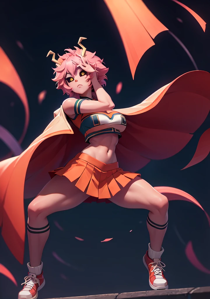 mina ashido, 1girl, solo, looking at viewer, short hair, simple background, yellow eyes, pink hair, horns, colored skin, colored sclera, black sclera, pink skin, U.A. CheerUniform, orange skirt, (bare belly), perfect shading, bare shoulders, big breasts