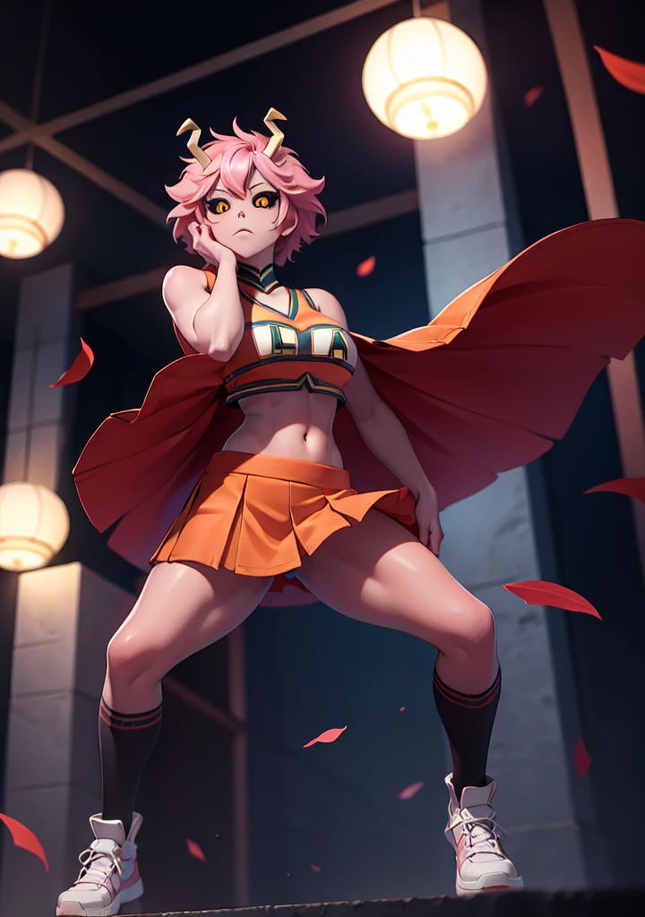 mina ashido, 1girl, solo, looking at viewer, short hair, simple background, yellow eyes, pink hair, horns, colored skin, colored sclera, black sclera, pink skin, U.A. CheerUniform, orange skirt, (bare belly), perfect shading, bare shoulders, big breasts