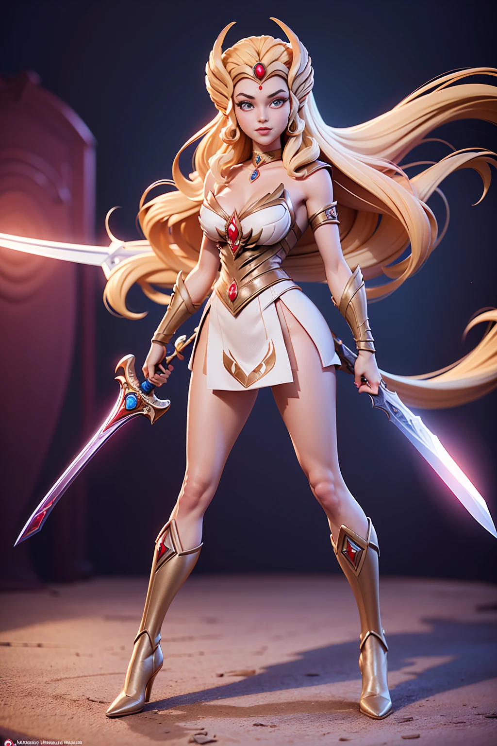 ((Full body photo,standing, feet on the ground))  Masterpiece, Ultra Detailed, Hard Drive, 8K, Photorealistic, 3dmm, !(a costumed woman holding a sword, She - RA, She-Ra, Powerful Girl, The Princess of Power, by Alan Davis, Intergalactic Princess, boots, Perfect Body , beautiful leaked image, giovanna day)
