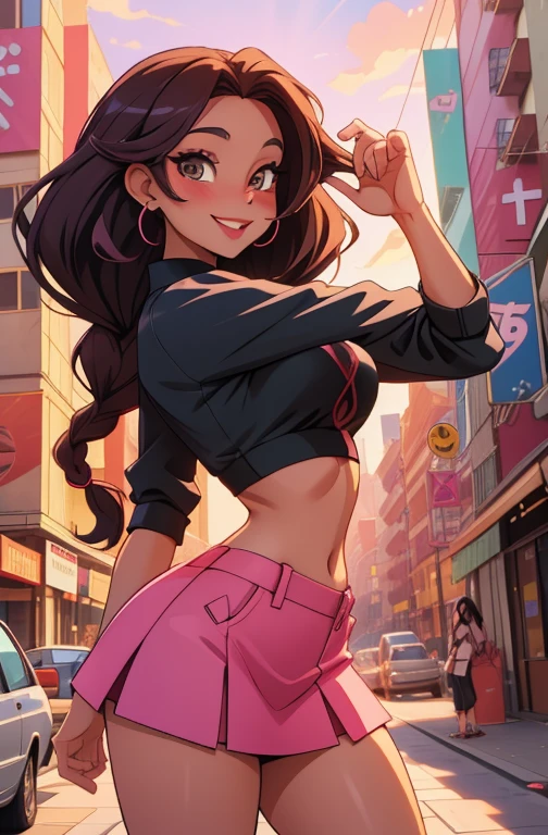 anime, 2 woman, taking a selfie, mischievous smile, long hair, dark hair color, stylish hairstyle, side hair long lush hair, long curls of hair pulled to the sides, Braids within the hair, curvy body, proportional body, sexy girl, beautiful mature girl, lovable character, crop top, short skirt, clarity, detailed, detailed face, very detailed drawing, smile, flirty look, city background,  saturated background, perfect composition, soft natural volumetric cinematic perfect light, masterpiece