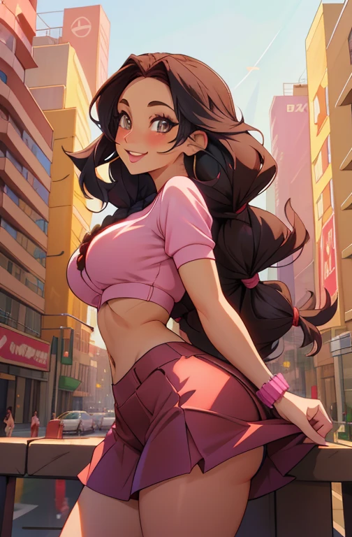 anime, 28 year old woman, taking a selfie, mischievous smile, long hair, dark hair color, stylish hairstyle, side hair long lush hair, long curls of hair pulled to the sides, Braids within the hair, curvy body, proportional body, sexy girl, beautiful mature girl, lovable character, crop top, short skirt, clarity, detailed, detailed face, very detailed drawing, smile, flirty look, city background,  saturated background, perfect composition, soft natural volumetric cinematic perfect light, masterpiece