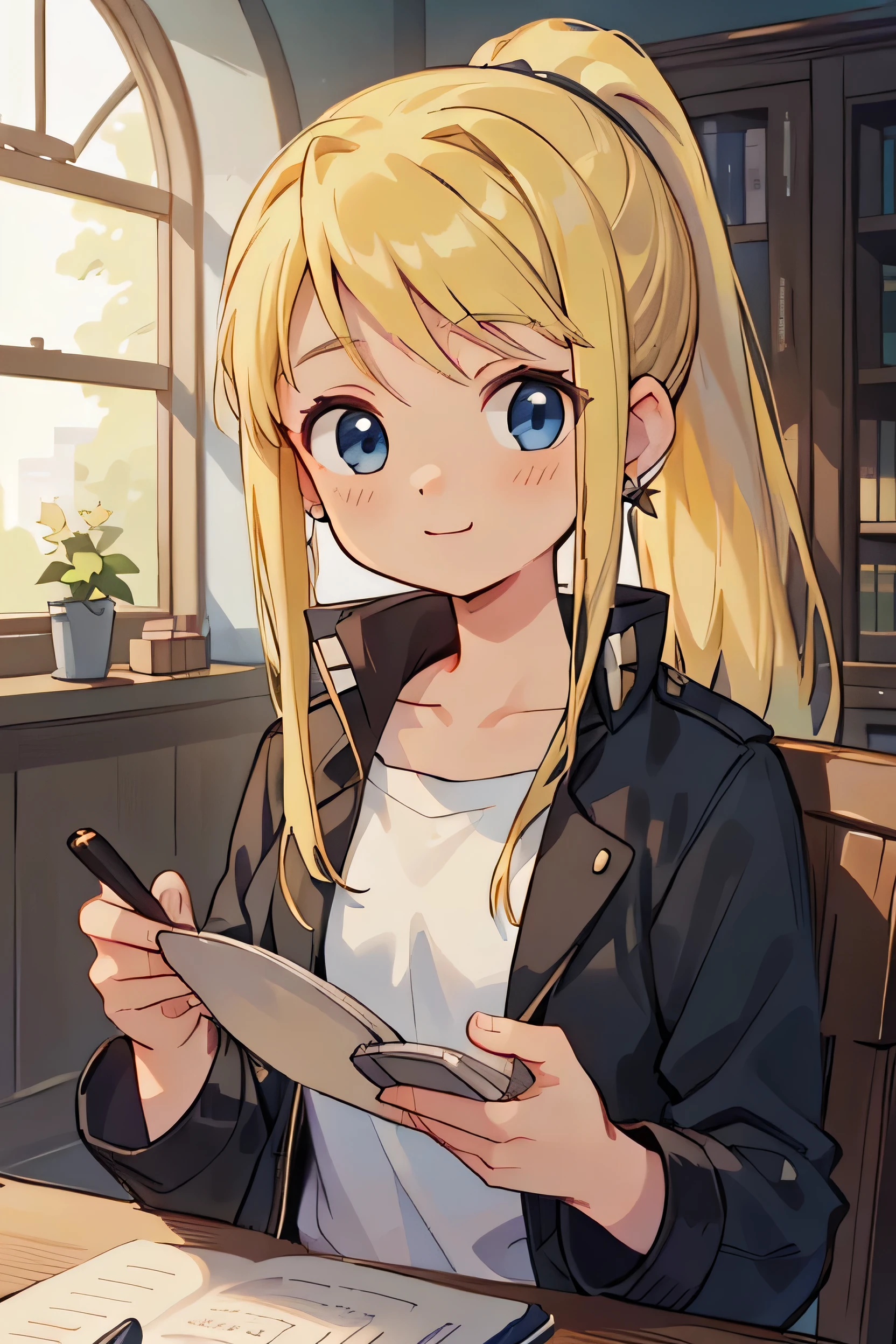 winry rockbell, winry rockbell, Blue eyes, bionde, BREAK shirt, Long sleeve, clavicle, Jacket, White shirt, ponytail, Side Lock, Earrings, open Jacket, black Jacket, Swept-apart bangs, BREAK indoors, BREAK looking at viewer, BREAK (masterpiece:1.2), Highest quality, High resolution, unity 8k wallpaper, (figure:0.8), (Beautiful attention to detail:1.6), Highly detailed face, Perfect lighting, Highly detailed CG, (Perfect hands, Perfect Anatomy),Pumelum, bionde, Long Hair, Upper Body, White collared shirt, hinterland, Figure Library, Looking at the viewer, smile、