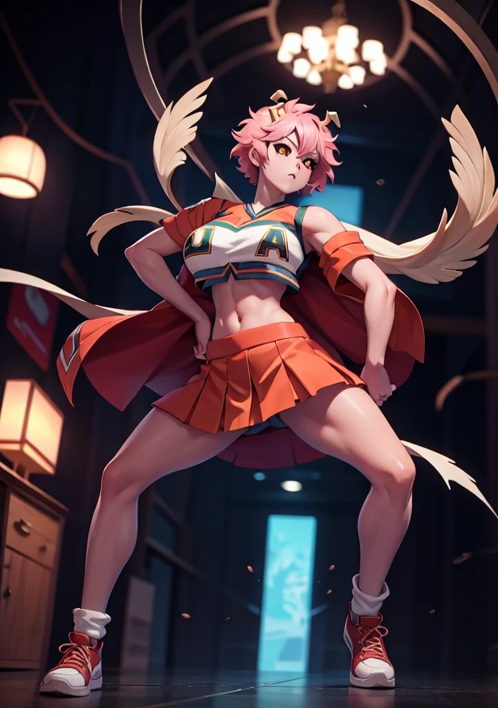 mina ashido, 1girl, solo, looking at viewer, short hair, simple background, yellow eyes, pink hair, horns, colored skin, colored sclera, black sclera, pink skin, U.A. CheerUniform, orange skirt, (bare belly), perfect shading, bare shoulders, big breasts