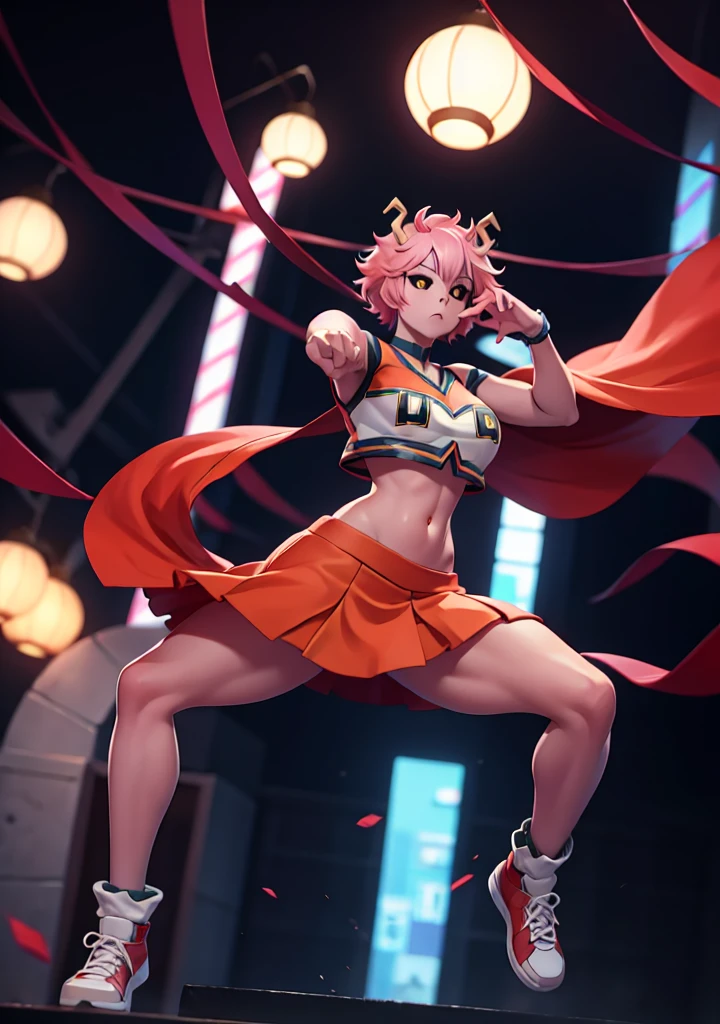 mina ashido, 1girl, solo, looking at viewer, short hair, simple background, yellow eyes, pink hair, horns, colored skin, colored sclera, black sclera, pink skin, U.A. CheerUniform, orange skirt, (bare belly), perfect shading, bare shoulders, big breasts