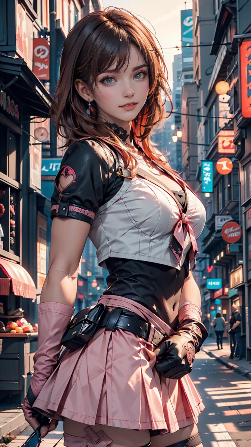 One girl,Cowboy Shot, Beautiful Nora_Valkyrie, View your viewers, smile, short hair, blue eyes,Heart Cutout, gloves,  Jacket, Pink Skirt, Pink Belt, Short sleeve, Puff sleeves, Wrist Seal, fingerless gloves, Orange Hair, pink gloves, Dynamic pose, night, Outdoor, city, (Volumetric lighting), Highest quality, masterpiece, Intricate details, Tone Mapping, Sharp focus, Super detailed, Trending on Art Station,