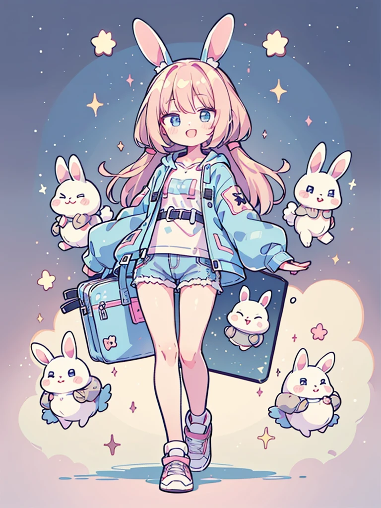 ((best quality，masterpiece，Extremely complex and exquisite details))，（The only woman with gray-blue rabbit ears and long hair stood in the center），Extra long straight hair，T 恤，Denim hooded short jacket，shorts))，(pink and white sneakers，Smile，Surrounded by cute short-legged rabbits，Correct anatomy)，Super cute 3D wireless style，Starry sky background vertical painting space scene