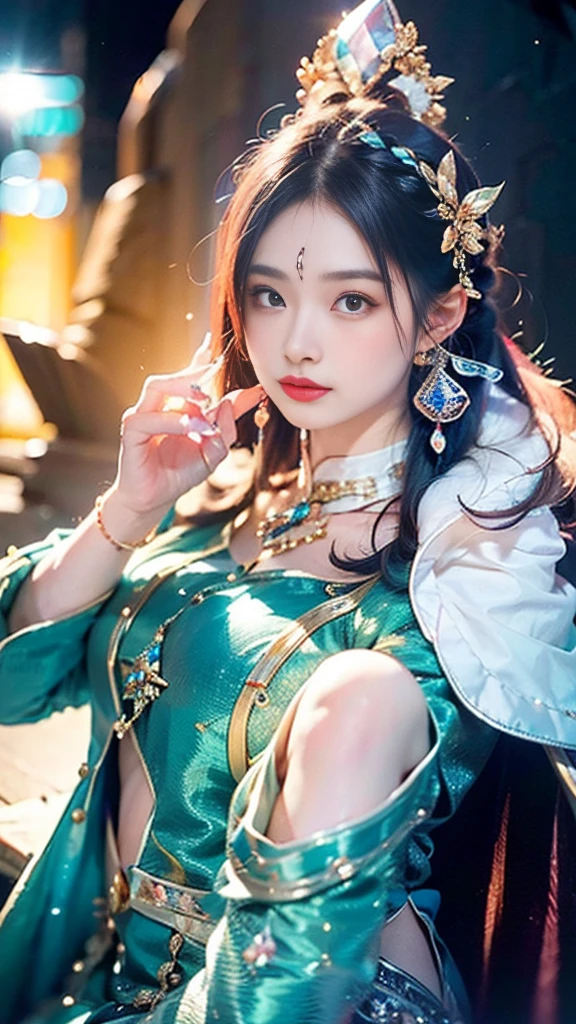 The scene is on the moon，In Journey to the West, The goddess Nuwa holds the galaxy in her palm，ornate garment，long leges，gem jewelry，Artistically，ultraclear，complex，Extremely detailed，Hair color random，Hairstyle Random，8k