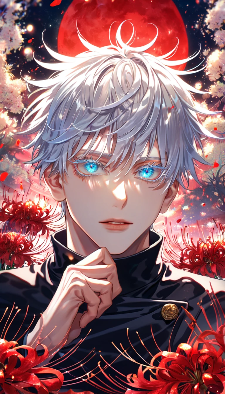 absurdres, highres, ultra detailed, HDR, master piece, best quality, extremely detailed, Gojou Satoru, white hair, expressive blue eyes, white eyelashes, Jujutsu Kaisen, solo, sexy man, handsome, sensual, black uniform, fantasy, red blood water, sparkling, red glittering fireflies, red moon, red blossoms, red spider lilies, red sparkling lights, starry sky, magical