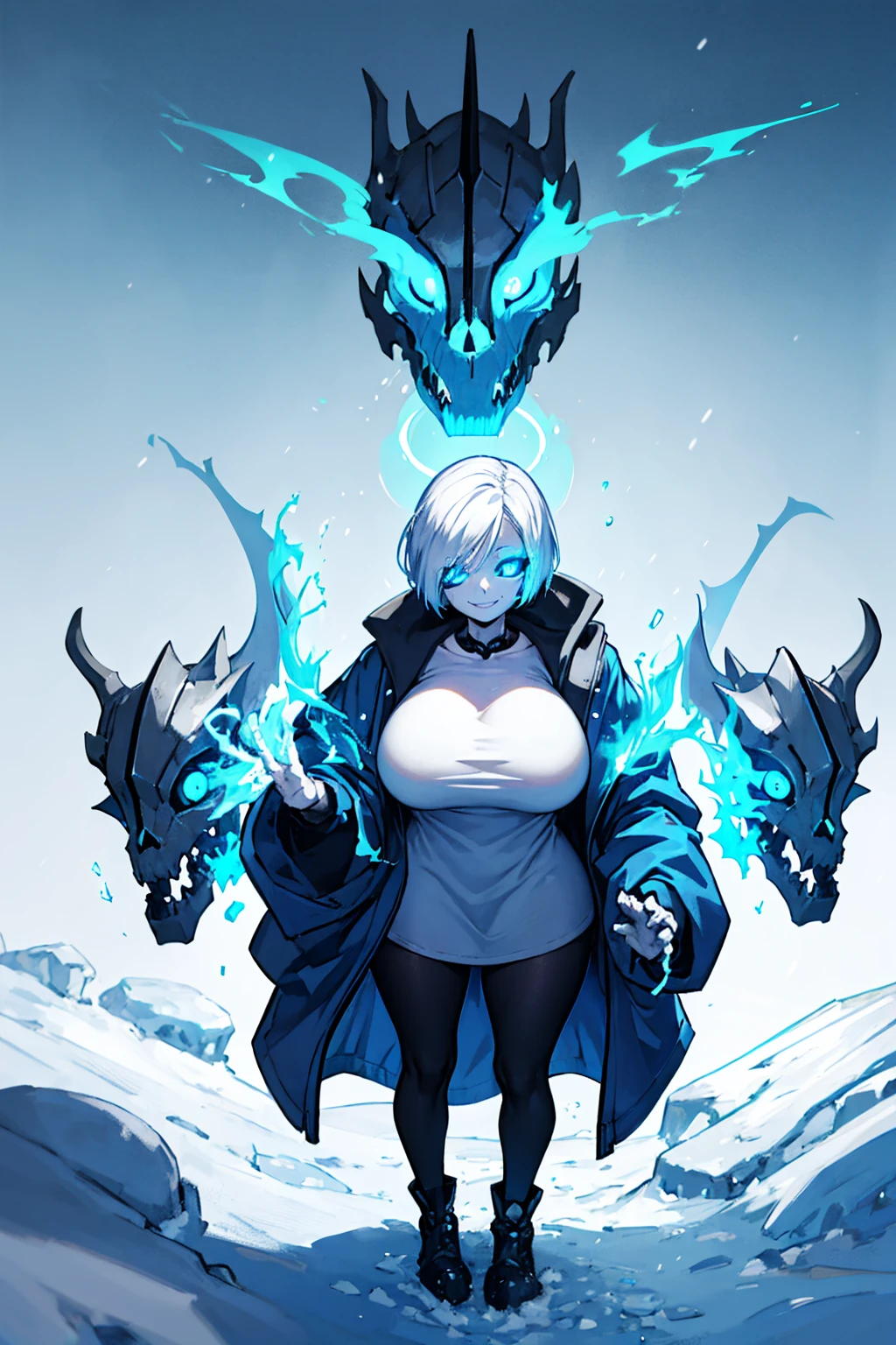 Sans blue jacket black shirt fire eyes skull smile long eyelashes white short hair glowing face blue dragon skull cannon standing alone in the snow town Femininefull Super huge big breasts breast enlargement full-body shot