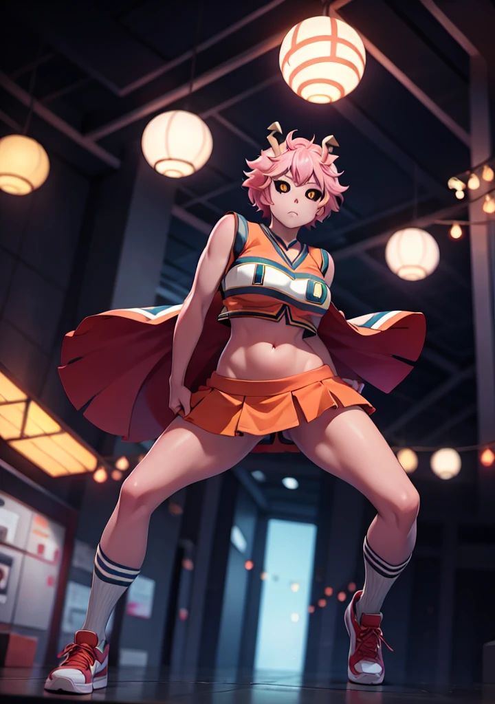 Mina Ashido, 1fille, seulement, regarder le spectateur, Cheveux courts, fond simple, les yeux jaunes, cheveux roses, cornes, peau colorée, sclère colorée, sclère noire, Peau rose, DANS.un. CheerDANSniform, jupe orange, (ventre nu), ombrage parfait, Épaules nues, Gros seins