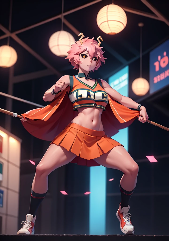 mina ashido, 1girl, solo, looking at viewer, short hair, simple background, yellow eyes, pink hair, horns, colored skin, colored sclera, black sclera, pink skin, U.A. CheerUniform, orange skirt, (bare belly), perfect shading, bare shoulders, big breasts