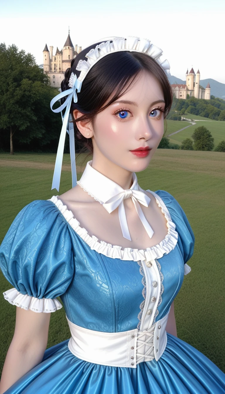 ((Photography, RAW quality)), (High quality PHOTO of a pretty girl, perfect face, blue eyes, sharp, perfect, well-defined pupil, black hair, long straight, (classic blue Victorian dress, luxurious, lace, tulle, ribbons, shiny jollas, intricate, cinched at the waist), with a castle background with round towers and flags in the mountains