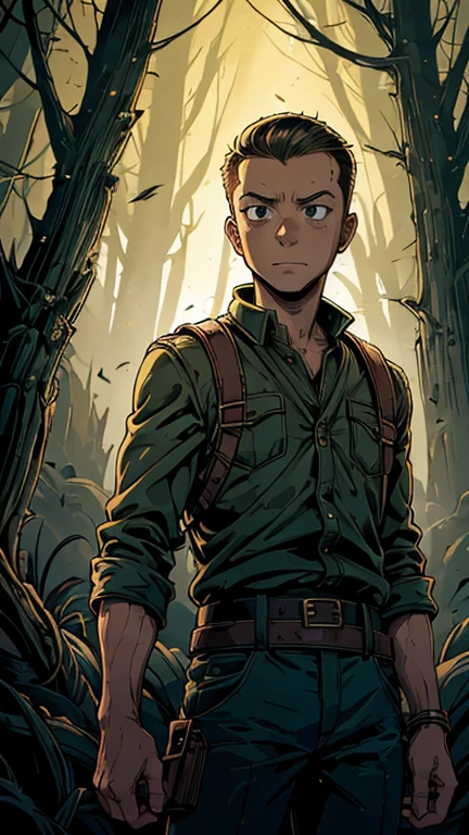 (Teens:1boy: Tintin,t3mu1), (extremely detailed CG unit 8k wallpaper),(master part), (best quality), (ultra detail), (best illustration),(in style of Dan Mumford), cowboy shot, (Sharp eyeliner, ombre, detailed eyes:1), Dark gloomy forest of horror and death background, ,break , (fine line art), upper body,short hair, black hair,white top,brown pants