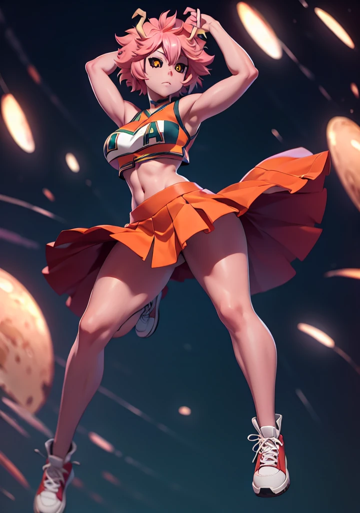 mina ashido, 1girl, solo, looking at viewer, short hair, simple background, yellow eyes, pink hair, horns, colored skin, colored sclera, black sclera, pink skin, U.A. CheerUniform, orange skirt, (bare belly), perfect shading, bare shoulders, big breasts