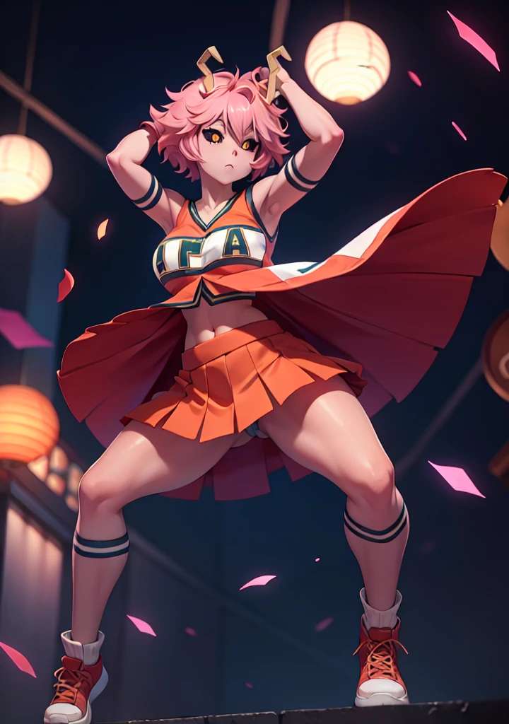 mina ashido, 1girl, solo, looking at viewer, short hair, simple background, yellow eyes, pink hair, horns, colored skin, colored sclera, black sclera, pink skin, U.A. CheerUniform, orange skirt, (bare belly), perfect shading, bare shoulders, big breasts