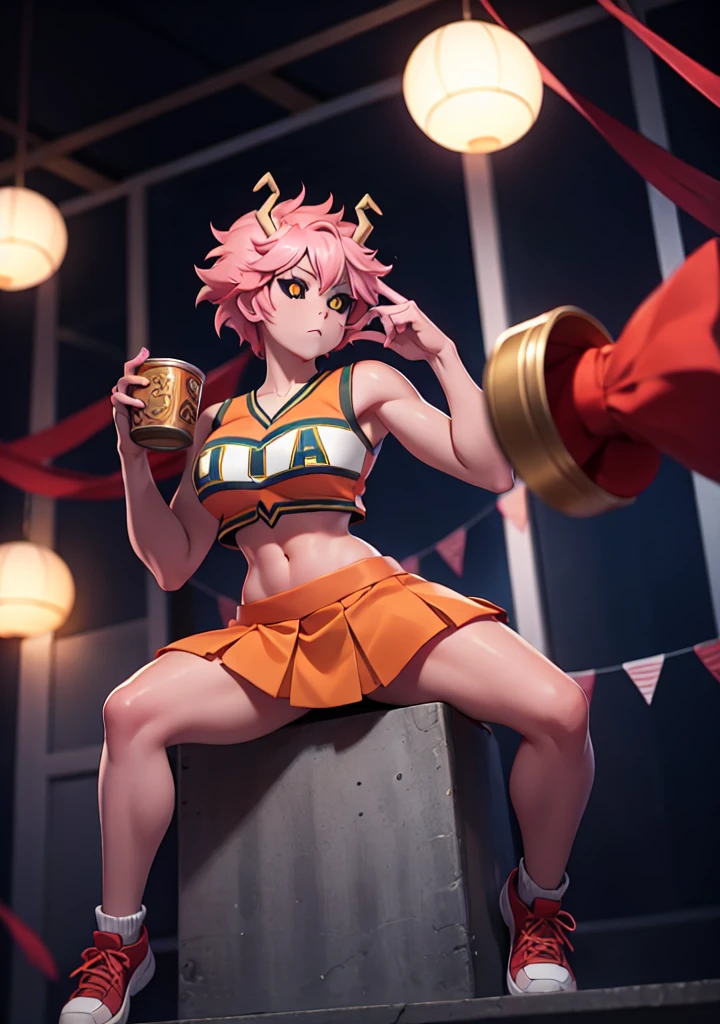 mina ashido, 1girl, solo, looking at viewer, short hair, simple background, yellow eyes, pink hair, horns, colored skin, colored sclera, black sclera, pink skin, U.A. CheerUniform, orange skirt, (bare belly), perfect shading, bare shoulders, big breasts