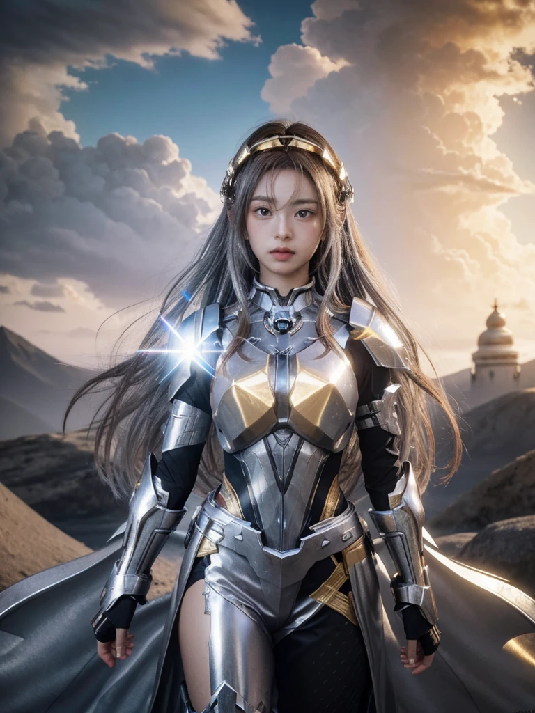 ((masterpiece, best quality, extremely detailed), volumetric lighting, ambient occlusion, colorful, glowing), 1girl, solo, young girl, (dark hair), long hair, halo, aura, sacred, goddess, cleric suit, (silver outfit with gold detailst:1.3), armor, outdoors, sunset, sky, clouds, space, (fantasy theme:1.2),