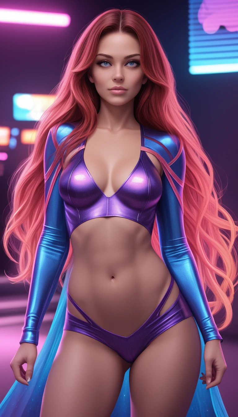 a famous dj starfire, striking pose, detailed face and body, beautiful detailed eyes, beautiful detailed lips, extremely detailed skin, detailed colorful outfit, stunning neon lighting, glowing cyberpunk city background, intricate electronic music equipment, (best quality,4k,8k,highres,masterpiece:1.2),ultra-detailed,(realistic,photorealistic,photo-realistic:1.37),vibrant colors,cinematic lighting