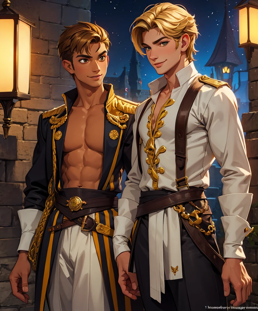  (((Single character image.)))  Sexy male fantasy character. Nikolai is 22 years old, he has tanned skin, golden hair, shaved on one side and styled on the other, light brown eyes and slightly hooked nose, he has a beautiful face, outlined by the features of a fairy-tale pirate prince;. He is described as extremely charming, handsome and smiling;no shirt,, 
