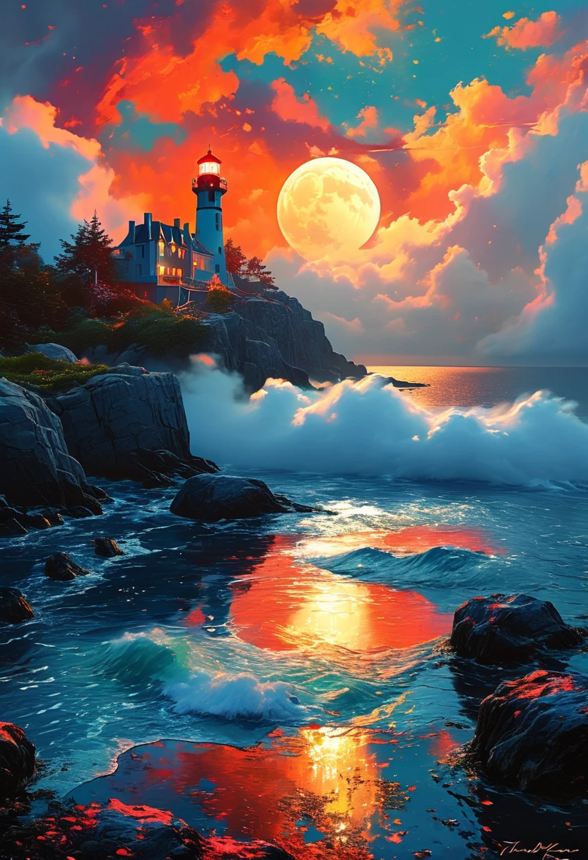 Under the eerie glow of a full moon, a dark and ominous landscape unfolds. A vibrant, colorful ship stands by the edge of a serene ocean, its vivid hues contrasting starkly with the foreboding atmosphere. In the background, a lighthouse stands atop jagged rocks, its light cutting through the darkness and reflecting off the ocean's surface, glistening in the moonlight. Thick, swirling clouds loom overhead, adding to the sense of an evil presence. The moonlight filters through the clouds, casting an otherworldly glow over the scene. A falling star streaks across the sky, adding a touch of mysticism to the night. The air is thick with a sense of ancient secrets and dark magic, as if the very night is alive with hidden power. [romantic impressionism,dream scenery art,beautiful oil matte painting,romantic,style of thomas kinkade,beautiful digital painting,anime landscape,romantic painting,dreamlike digital painting,colorful painting,beautiful gorgeous digital art,style of greg rutkowski,janek sedlar,jenny saville:0] 