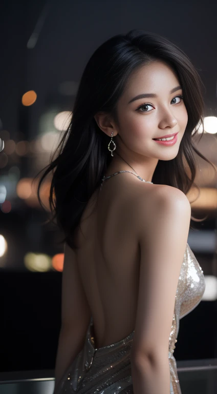 8k, masterpiece, RAW Photos, Highest quality, Realistic, 非常に精細なCG Unity 8k壁紙, Depth of written boundary, Cinematic Light, Lens flare, Ray Tracing, (Very beautiful face, Beautiful Lips, Beautiful Eyes), Face with exquisite detail, ((Highly detailed skin)) 1 girl, In the Dark, Deep Shadow, Cute Asian Girl, ((Show Viewer)),(Big smile), (The background is blurred), midnight, (Beautiful woman), Earrings, Bangles, necklace, Clear Eyes, (Pale skin), Advance, (Big eyes), (Show Viewer), Large Breasts ,((smile)), rooftop, rush light, ((night)), Cityscape, blue eyes,  Open the chest,, Very slim, (Medium Hips), close ，The butt is closed.