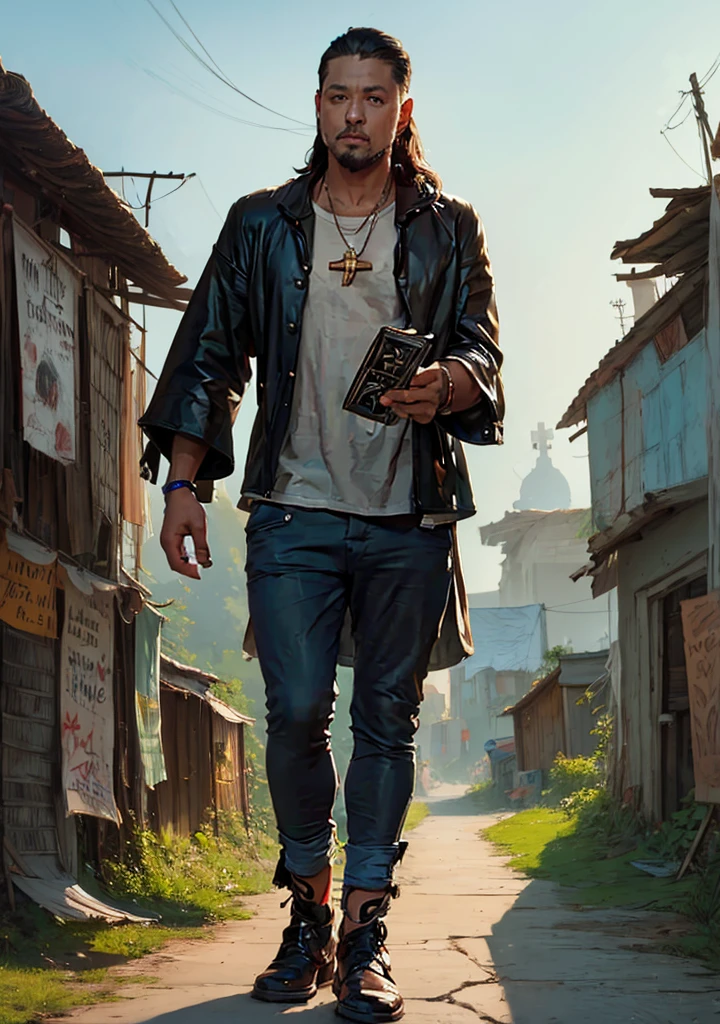 painting of a man walking down a street with a cross on his head, graffiti de Camilo Mori, instagramart, streetart, Location ( shanty town ), breathtaking art, ( ( ( ( ( E Mumford ) ) ) ) ), painting by E Mumford, shanty towns, work of art about a road to , cyberpunk jesus christ, el bosco and E Mumford