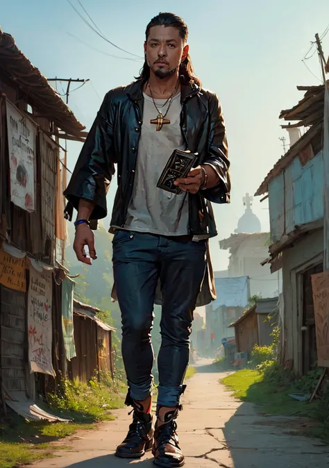painting of a man walking down a street with a cross on his head, graffiti de Camilo Mori, instagramart, streetart, Location ( s...