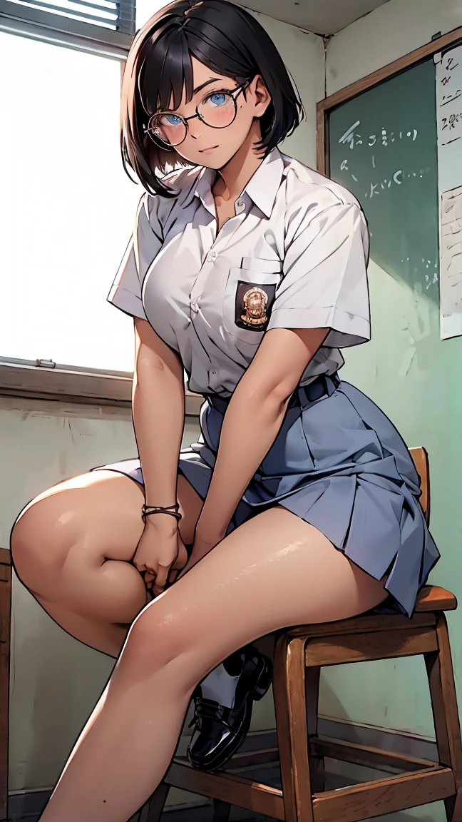 Best quality, 1 woman, 17 years old, (short bob haircut, black hair), scared face expression, plump body, blue eyes, Indonesian high-school uniform, (wearing transparent white shirt), osis logo on shirt pocket, huge XL breasts, light-grey pleated skirt, sitting down, seductive pose, full body shot, shy face, blush, looking_at_viewer, glasses, black-framed eyewear, in the classroom,