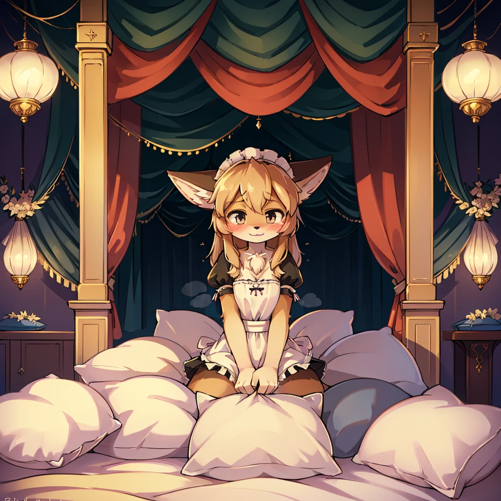 （masterpiece，best quality），mine, The Beast, , (Light and shadow suitable for any Pillow background））, Cute girl in maid costume posing on Pillow, Maid costume，White，nature,, (blush),a smile，Pillow,（Lots of Pillow），Soft cushion，（canopy bed），Soft pillow，（Pillow damage），Lots of Pillow，（Friction in the crotch），（（Pillow Hump）），（Pillow Head），（A tail），，（Pink Pillow），（Around the protagonist），steam，（Pillow Head），（），（Luxury Pillow），（Palace Pillow Pattern Pillow），（palace），（Palace bedroom），（Gorgeous Pattern Pillow），Soft Pillow，，（Classical European style bedroom ），（excited，shy person，Lack of expressiveness，），pillow hump,Fox Girl，(Deluxe Rococo Canopy King Bed),Luxurious curtains with ornate ruffles and ribbons hang around the large bed.,((((The bed is piled with many Pillows)))),Quilt details,Detailed bed linen,Ruffled Bed Skirt,Deep Bed,Background with depth,((Pillow in detail)), ((((A Lot of Pillow))))，,，Detailed Soft Pillow,,((女孩正躺在许多Soft Pillow上,There are many Pillows around))，、 Long nightgown with ruffles and ribbons、In a huge, Large canopy bed、Soft sheets and quilts、Colorful soft Pillow、Lots of Ruffled Pillows and Ruffled Bed Skirts、Soft toned bed、Ruffled curtains around the bed.。Delicate face。