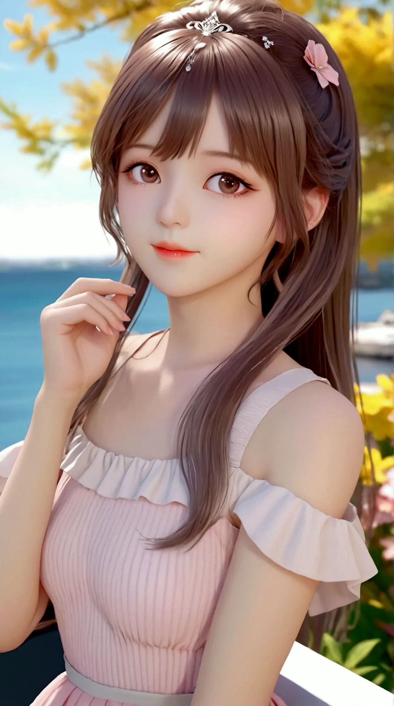 a close up of a woman in a pink dress posing for a picture, realistic anime 3 d style, photorealistic anime, kawaii realistic po...