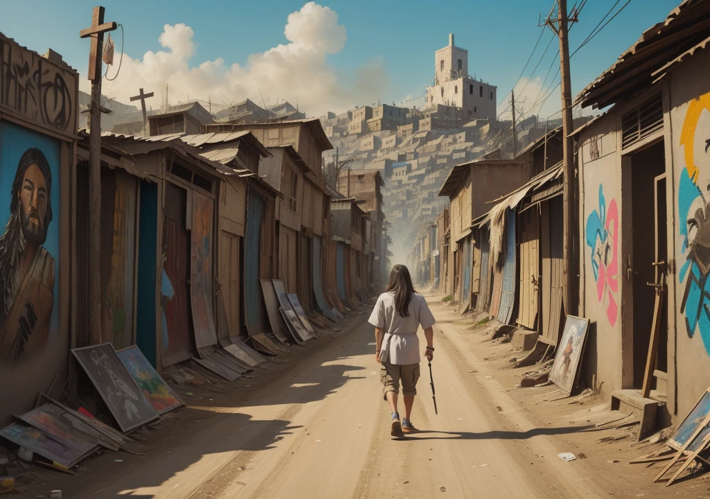 painting of Jesus walking down a street with a cross on his head, graffiti, streetart, Location ( shanty town ), breathtaking art, ( ( ( ( ( E Mumford ) ) ) ) ), painting by E Mumford, shanty towns, work of art about a road to , cyberpunk jesus christ, el bosco and E Mumford