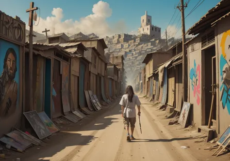 painting of Jesus walking down a street with a cross on his head, graffiti, streetart, Location ( shanty town ), breathtaking ar...