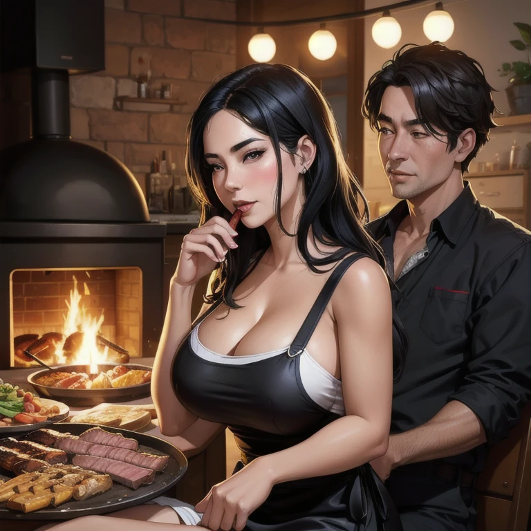 1girl with long black hair,black eyes,thin lips,round face,huge breasts with cleavage,wide hips,wearing long dress with apron,sitting on sofa answering phone,looking shy,mature man with husband,roasting meat on barbecue,10 year old boy helping with detailed perfected meat art,ambiance of house's leisure area,representing family,unfaithful wife on phone,husband roasts meat on barbecue with son,both two smiling,best quality,4k,8k,highres,masterpiece:1.2,ultra-detailed,realistic,photorealistic,photo-realistic:1.37,HDR,UHD,studio lighting,ultra-fine painting,sharp focus,physically-based rendering,extreme detail description,professional,vivid colors,bokeh,portrait