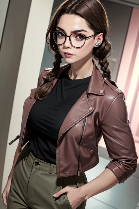 Muscular body woman perfect breasts detailed face blushing glasses black t-shirt pink military leather jacket pink military pant...