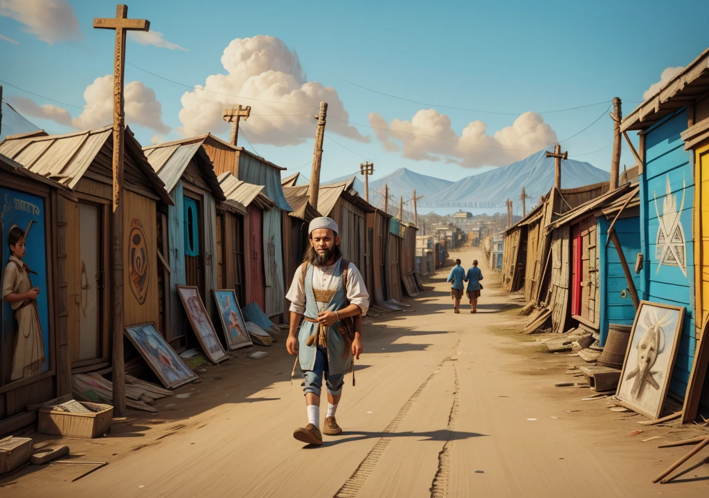 pintura de Jesús con un atuendo de rapero, caminando por la calle con una cruz en la cabeza, pintada, arte callejero, Ubicación ( Chabolismo ), arte impresionante, ( ( ( ( ( y Mumford ) ) ) ) ), painting by y Mumford, Chabolismos, obra de arte sobre un camino hacia , jesucristo ciberpunk, el bosco and y Mumford